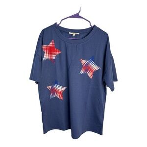 Haptics Women’s Navy Blue Patriotic Plaid Patch Stars Short Sleeve Tee Size L
